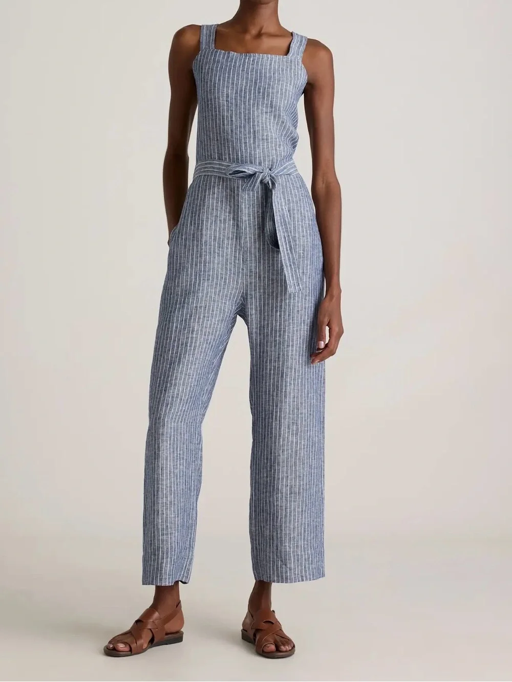Quince Blue & White Striped Linen-Blend Sleeveless Jumpsuit with Tie Waist